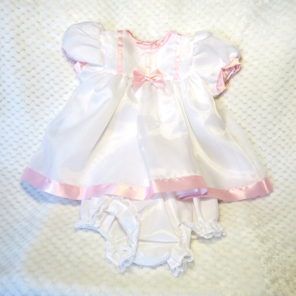EASTER DRESS White Tulle lined dress pink satin trim detail & bloomers 6/9 MOS